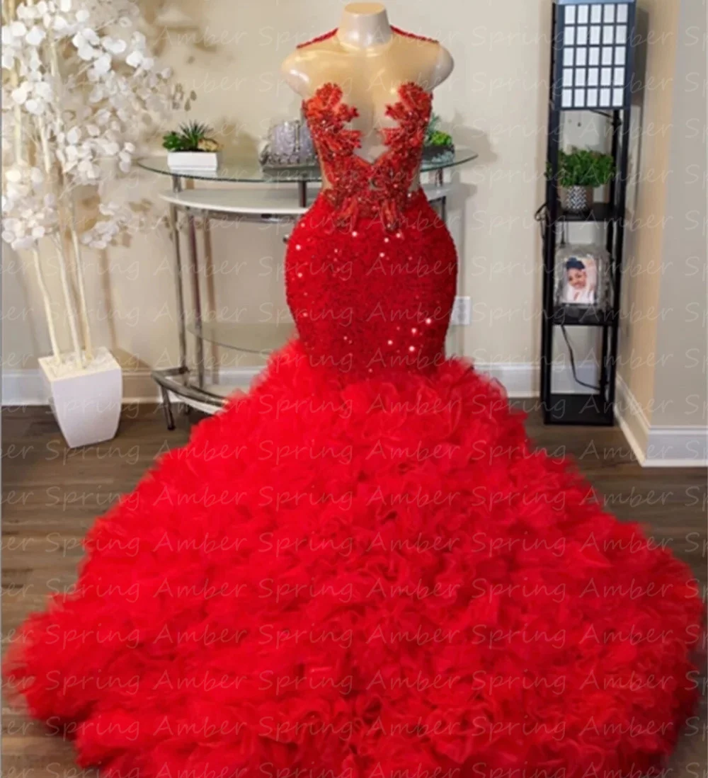 Red Puffy Prom Dresses Crystal Lace Applique Mermaid Ruched Tulle Girl Formal Graduating Evening Gowns Birthday Customized