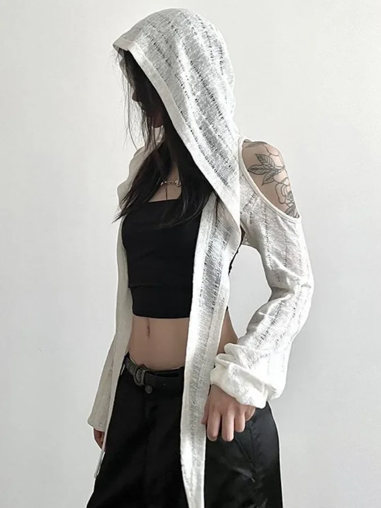 Y2k estética feminina sexy malha com capuz colheita camiseta vintage oco para fora streetwear grunge tshirts harajuku bandagem t femme