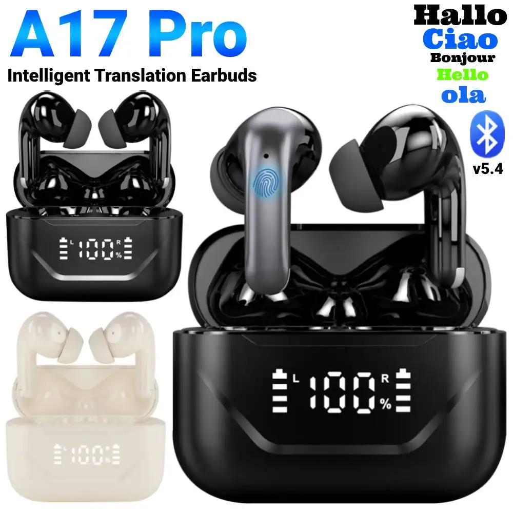 A17pro Languages Translation Earphones Bluetooth 5.4 AI Translator Earbuds ANC Noise Canceling Real-Time Translator Headphones