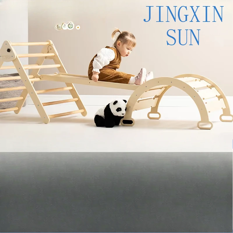 Wooden climbing triangle arch with ramp toy indoor play slide set for exercise