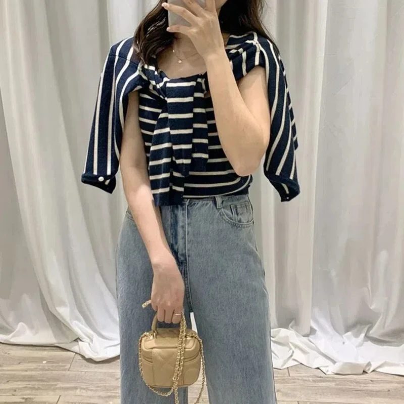 2024 Spring/Summer Striped Knitted Cardigan Camisole Vest Two Piece Set Women\'s Clothing Trendy Style Classic All-match Tops