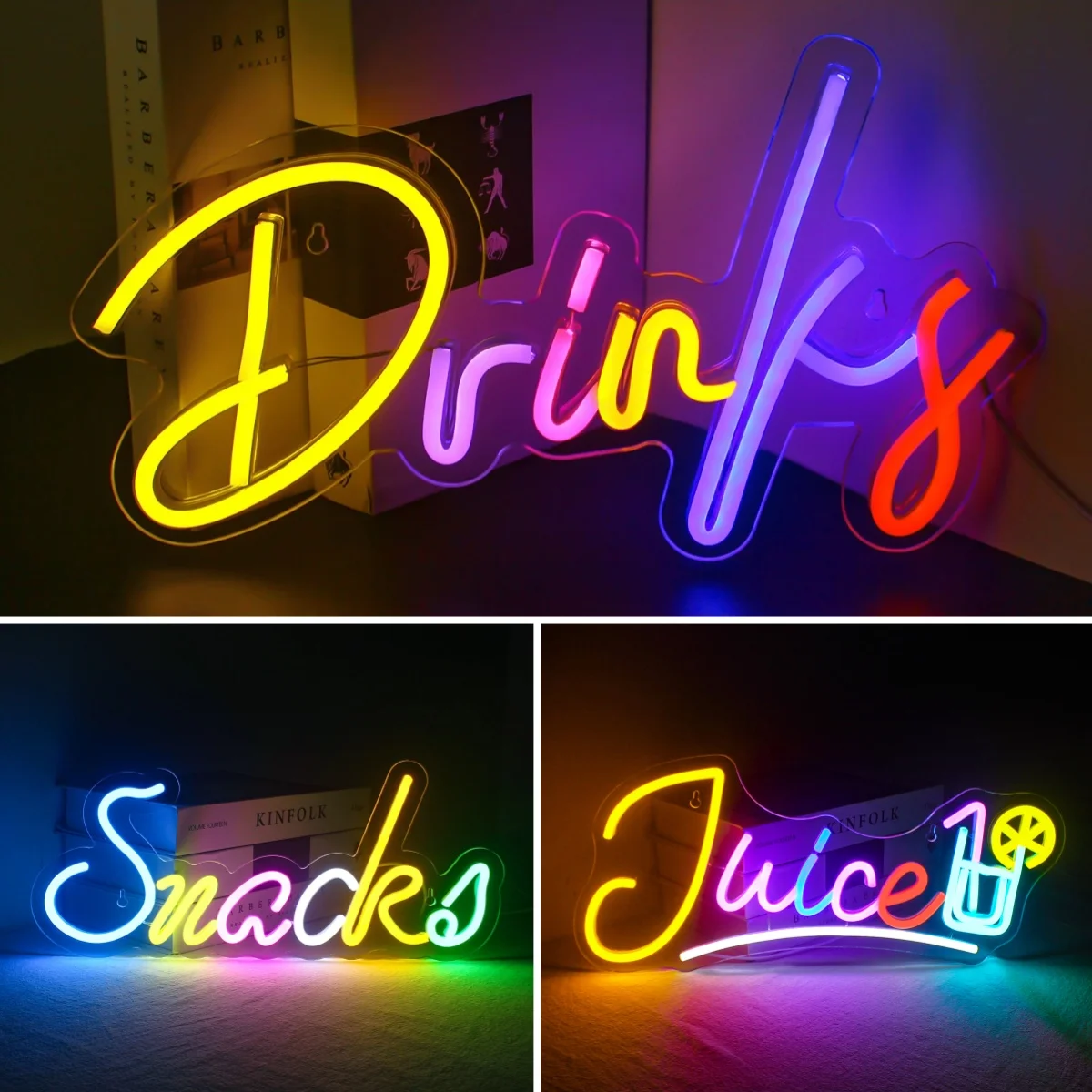 Bebidas e lanches neon led sinal colorido carta luzes decoração do quarto para casa bares café quarto festa loja de alimentos logotipo arte lâmpada