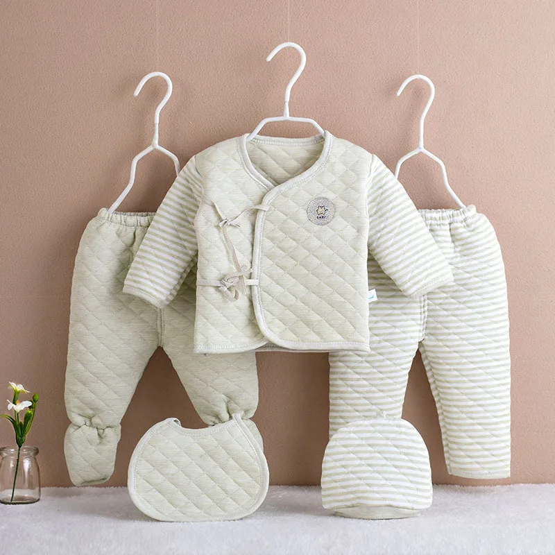 5Piece Autumn Winter Newborn Boy Clothes Girls Outfit Sets Korean Casual Cute Warm Thick Cotton Tops+Pants Baby Clothing BC839