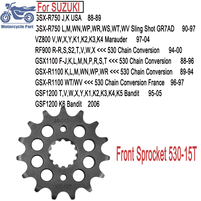 15t para suzuki vz800 vz marauder 800 gsf650 gsf650s bandit gsxr750 gsx750 gsf1200 peças da motocicleta roda dentada dianteira caber 530 corrente