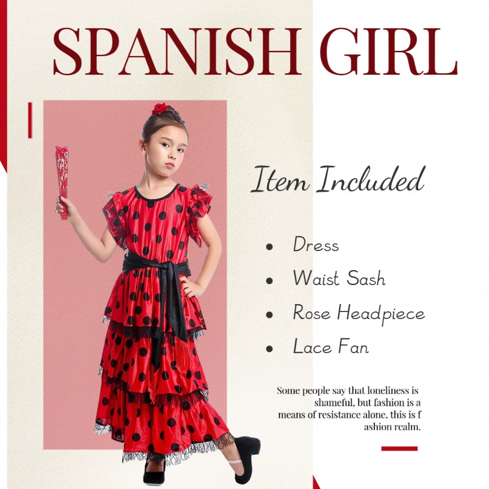 Spanish Senorita Girls Traditional Flamenco Dancer Kids Fancy-Dress Costume