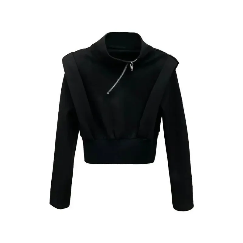 أسود صوف مبطن سستة هوديي المرأة الخريف الشتاء الوقوف طوق البلوز منصات الكتف الكفة المرنة لا الأكمام أخرى