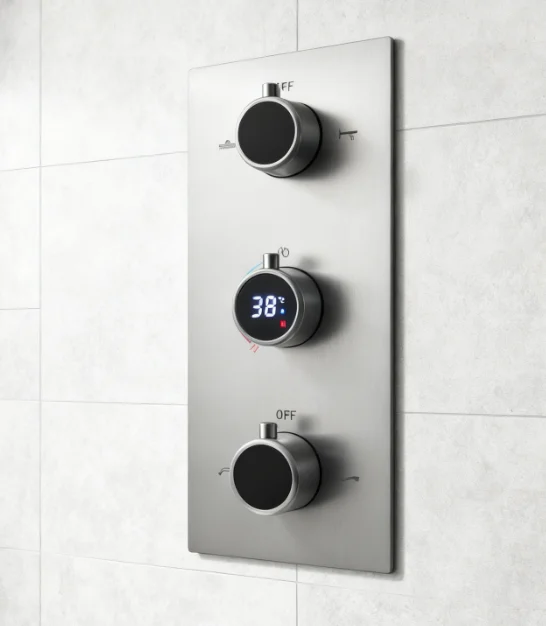 Bathroom Brass 4 Features Temperature Display Shower System Rotary Switch Design Wall Mounted Round Rain Shower Set