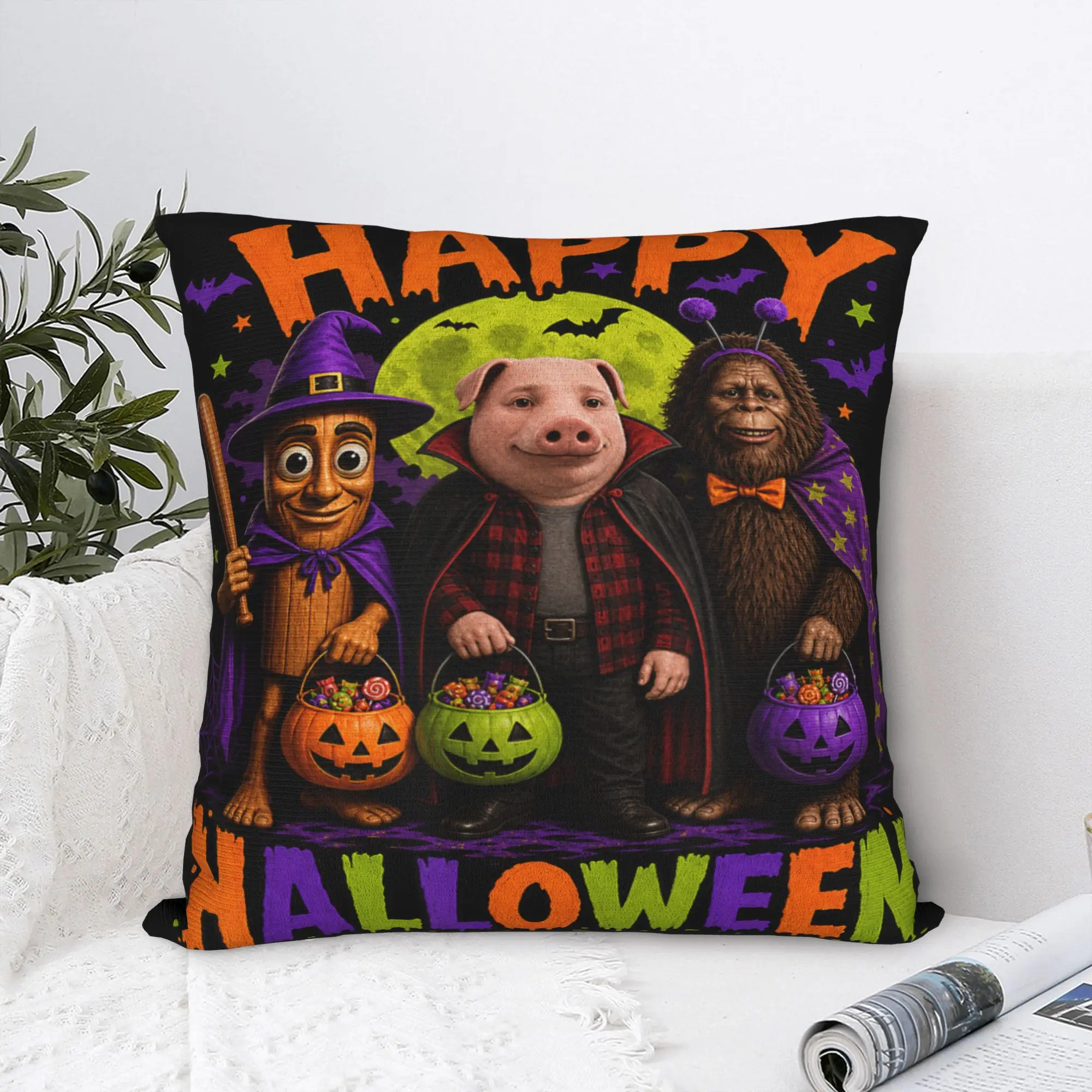 Happy Halloween Tung Tung John Pork Bigfoot Brainrot Meme Pillow Cover Cushion Cover Fashion Pillow Case For Couch Sofa Bedroom