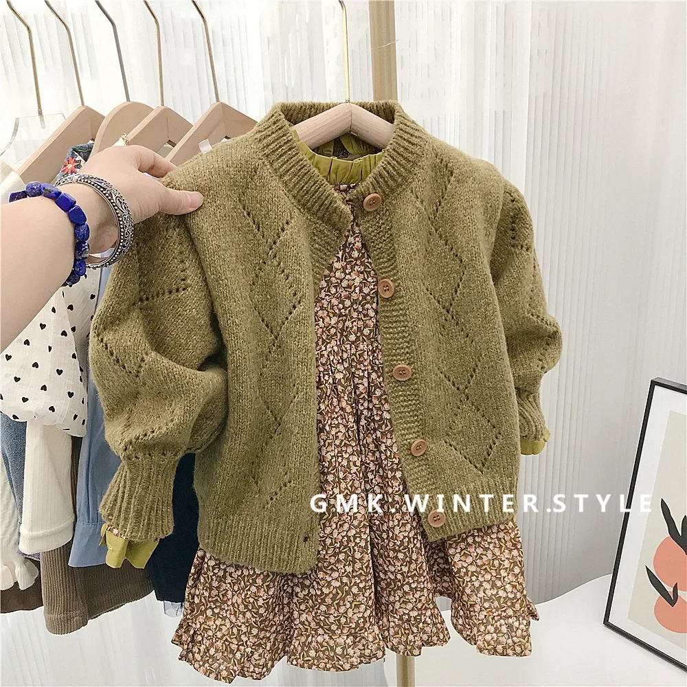 

Girls Floral Dress Spring Adn Autumn New Girls Solid Knitted Sweater Jacket Children Ruffles Long Sleeve Floral Dress