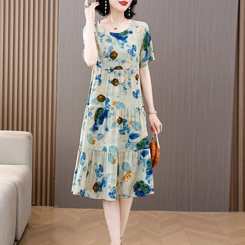 2023 New Style Women Plus Size Dress Vintage Casual O-Neck Elegent A-Line Robe Femme Short Sleeve Vestido Print Summer dresses