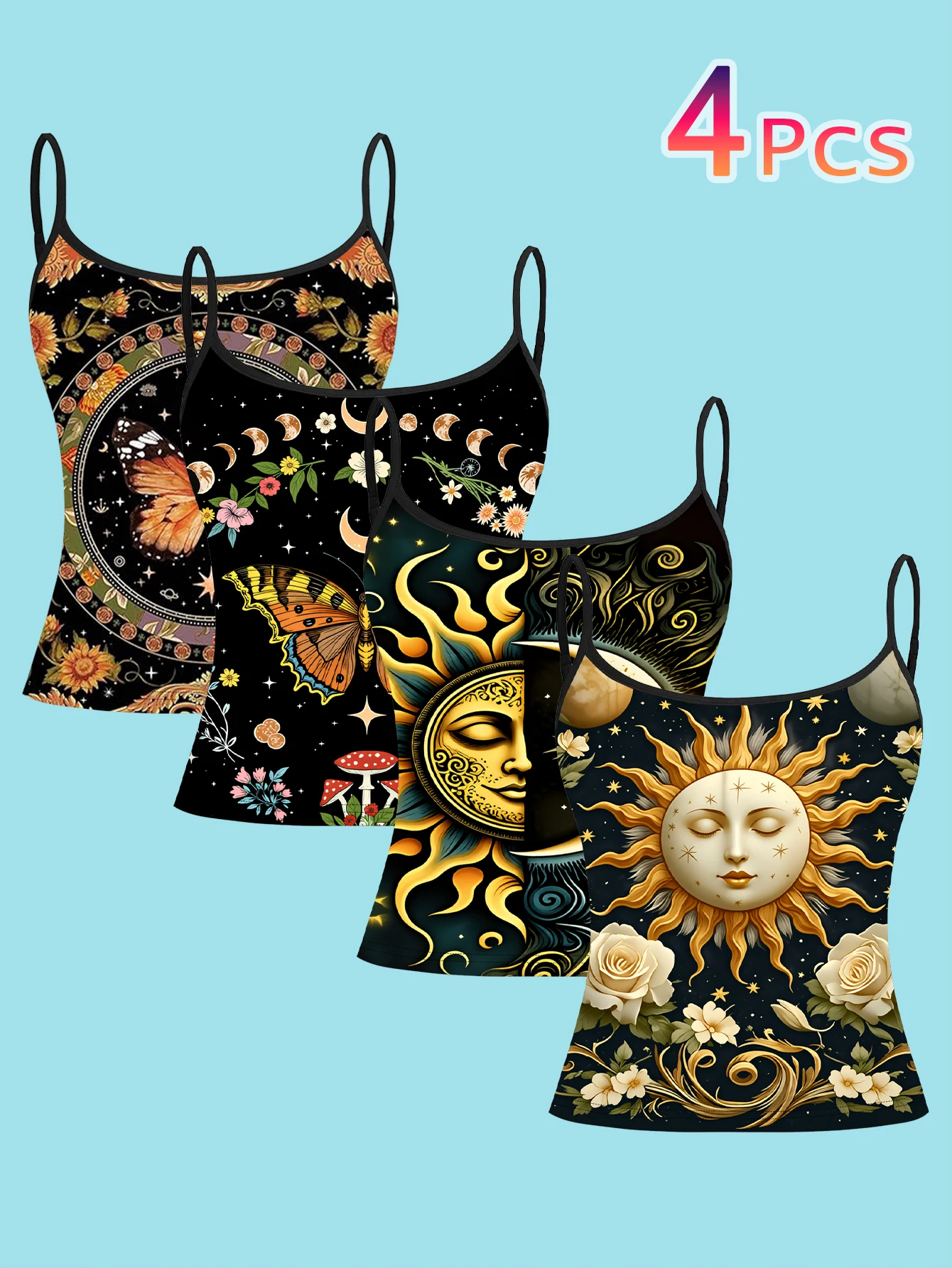 4-Piece Set of Women's Spaghetti Strap Camisoles with All-Over Print of Mysterious Sun, Face, Butterfly, Mushroom, Star, and Moon, Slim-Fit Sleeveless Tops, Bohemian Witch Style Outerwear and Inner Layering Shirts