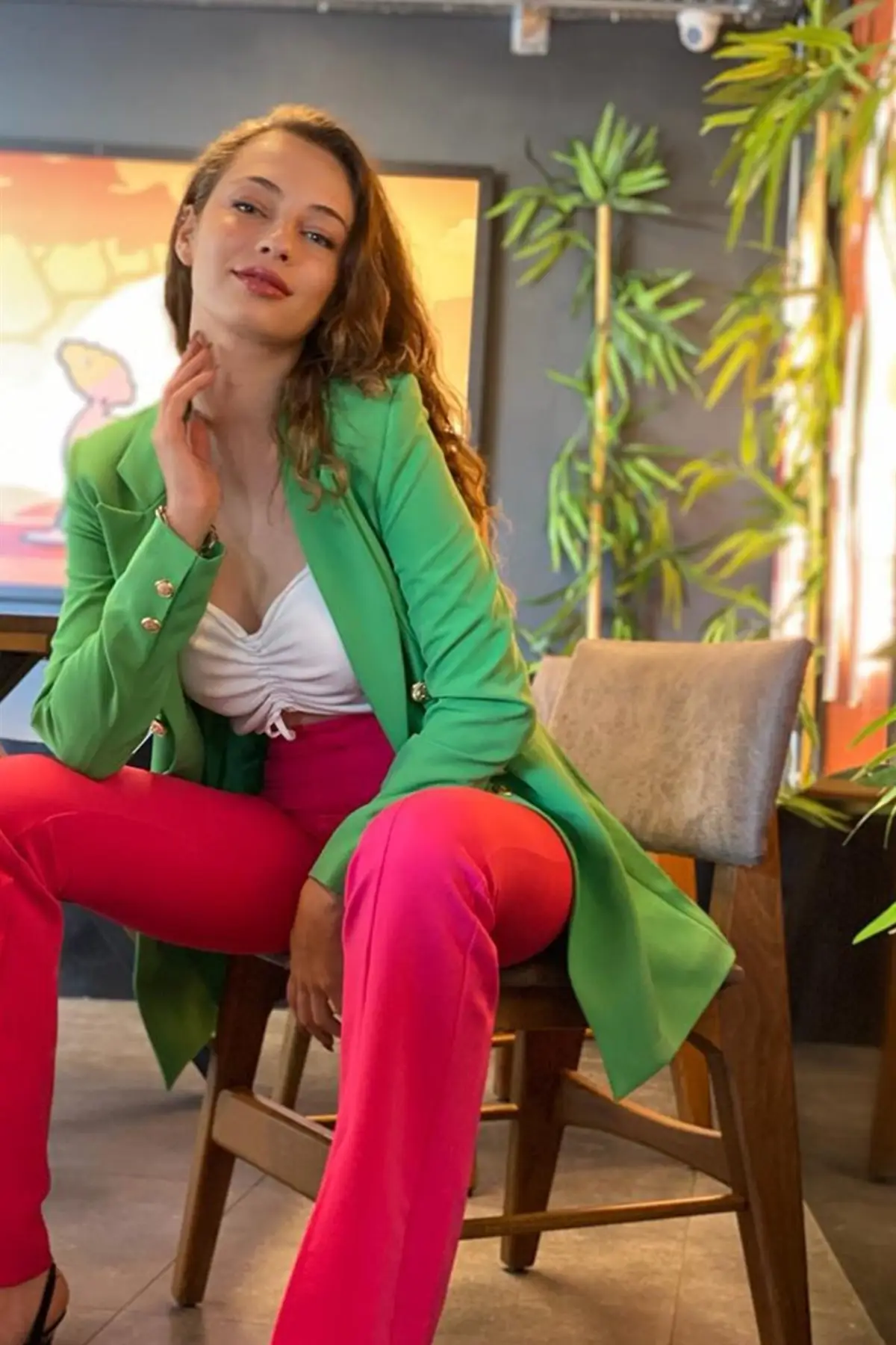 Schouders Met Schoudervullingen Front Snaps Atlas Stof Vrouwen Blazer Jas-Groen