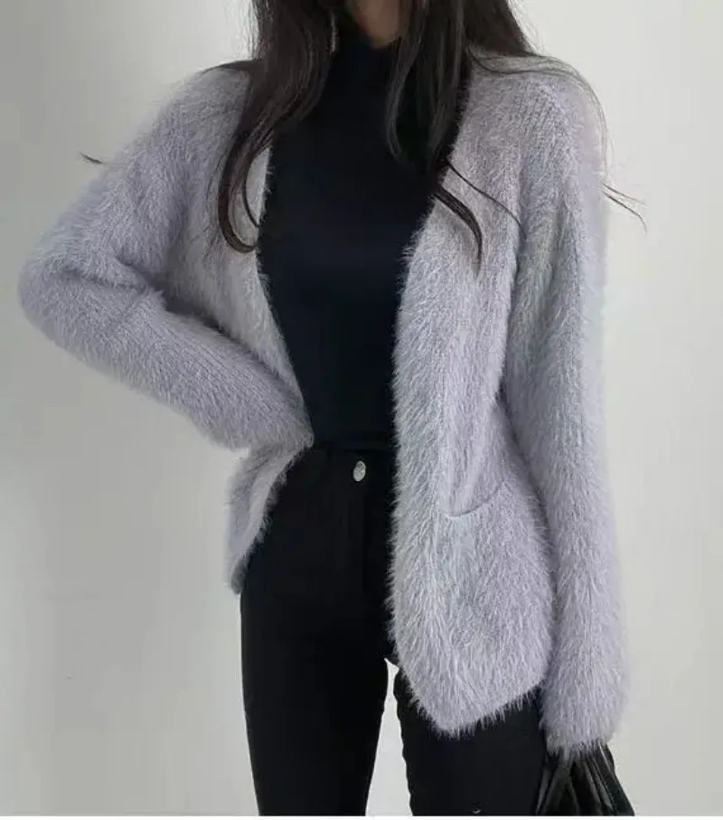 

Korean Fashion V-Neck Cardigans Women Autumn New Solid Elegant Mink Sweater Festival Knitted Tops Simplicity Streetwear