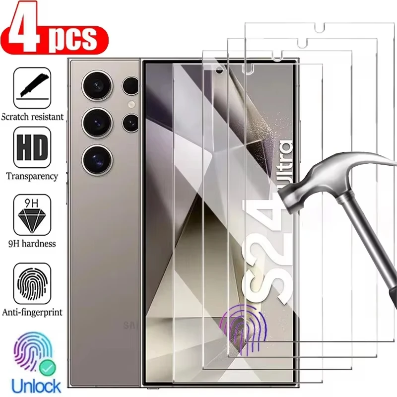 2/4 قطعة الزجاج المقسى لسامسونج غالاكسي S24 الترا زائد بصمة حامي الشاشة S24Ultra S24 + واقية HD الغراء الكامل الميكا