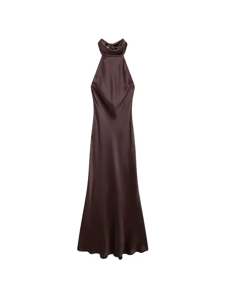 Langes Neckholder-Kleid aus Satin für Damen, rückenfrei, mit Schleife, Reißverschluss hinten, Damenkleider, sexy Mode