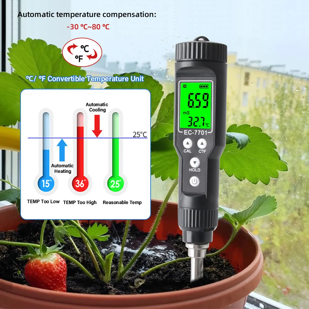 Wielofunkcyjny LCD cyfrowy tester EC gleby termometr miernik wilgotności gleby 0.00-10.00mS/cm wodoodporne podświetlenie zdejmowana sonda