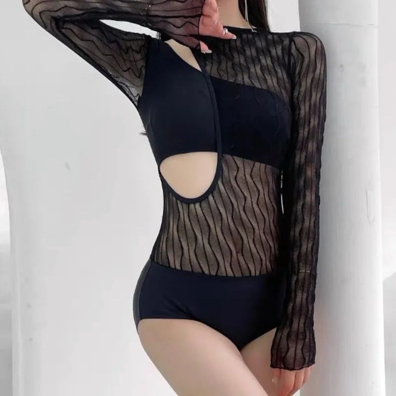 Black Sexy Hollow Out Long Sleeve Skew Collar Slim Thin Korean Version Backless Triangle Connected Vacation Women's Swimsuit