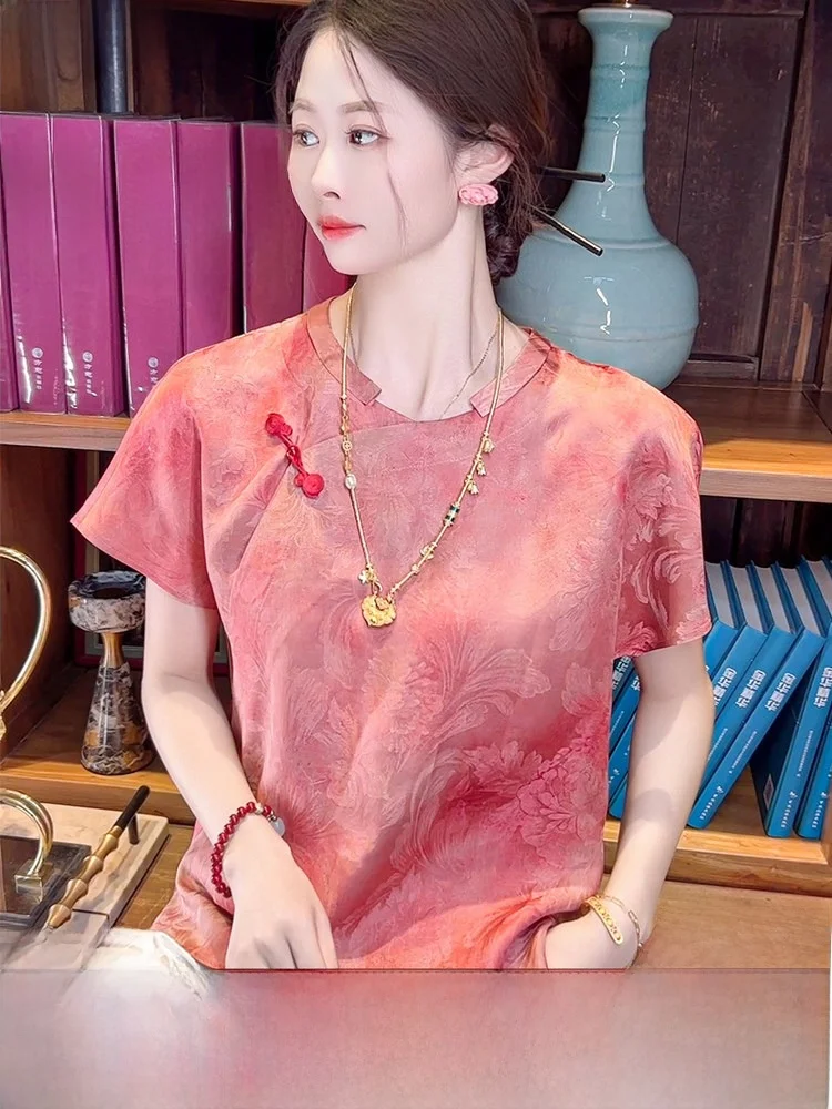 

New Chinese Sle Silk irt Women's ort Sve Top White Poer Set Summer Thin Cool Feeling Loose Fit round Ne Print Bl...