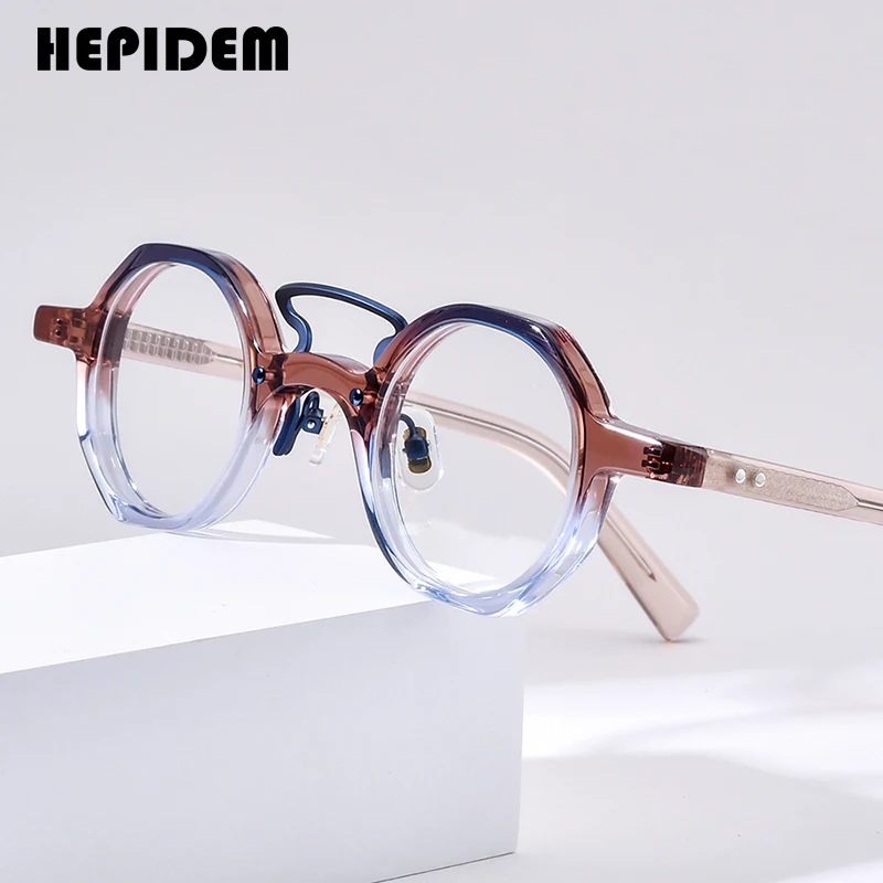 HEPIDEM Multicolor Acetate Eyeglasses Frame Men 2024 New Polygon Round Glasses Spectacles Eyewear H9244