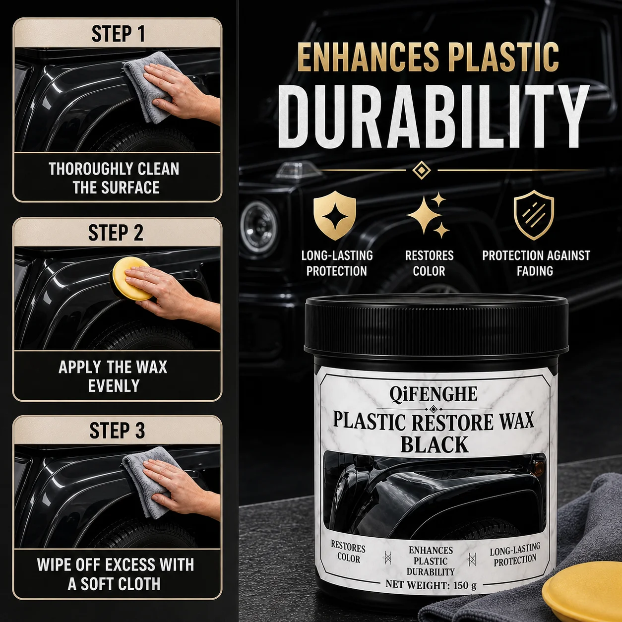 QIFENGHE 150g Car Plastic Restorer Wax Black Plastic Renovator Wax, Restore Faded Plastic Surface, Long Lasting Protection with