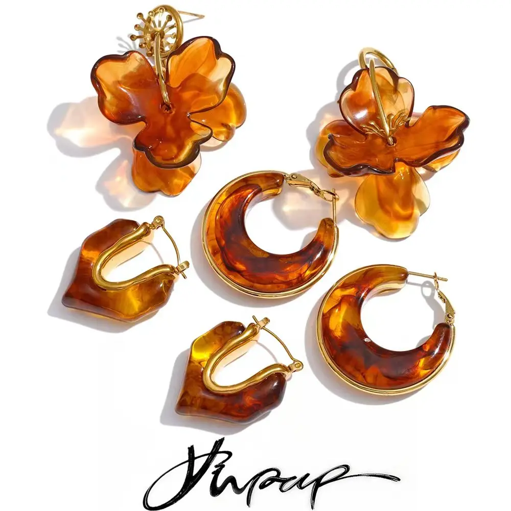 Yhpup Acetate Acrylic Resin Chunky Geometric Flower Hoop Earrings for Women Daily Stainless Steel Popular Jewelry Accessories