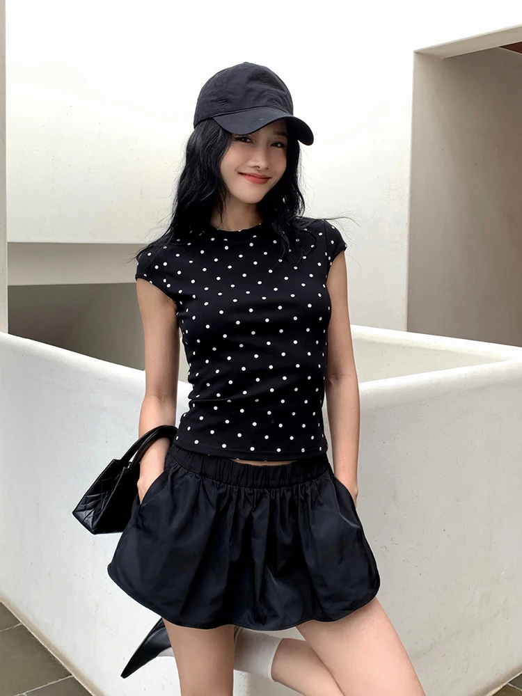 Yedinas Streetwear Polka Dot T Shirt Women Clothes Short Sleeve Korean Fashion Slim Vintage Tees Summer Tops Y2k Tshirts Chic