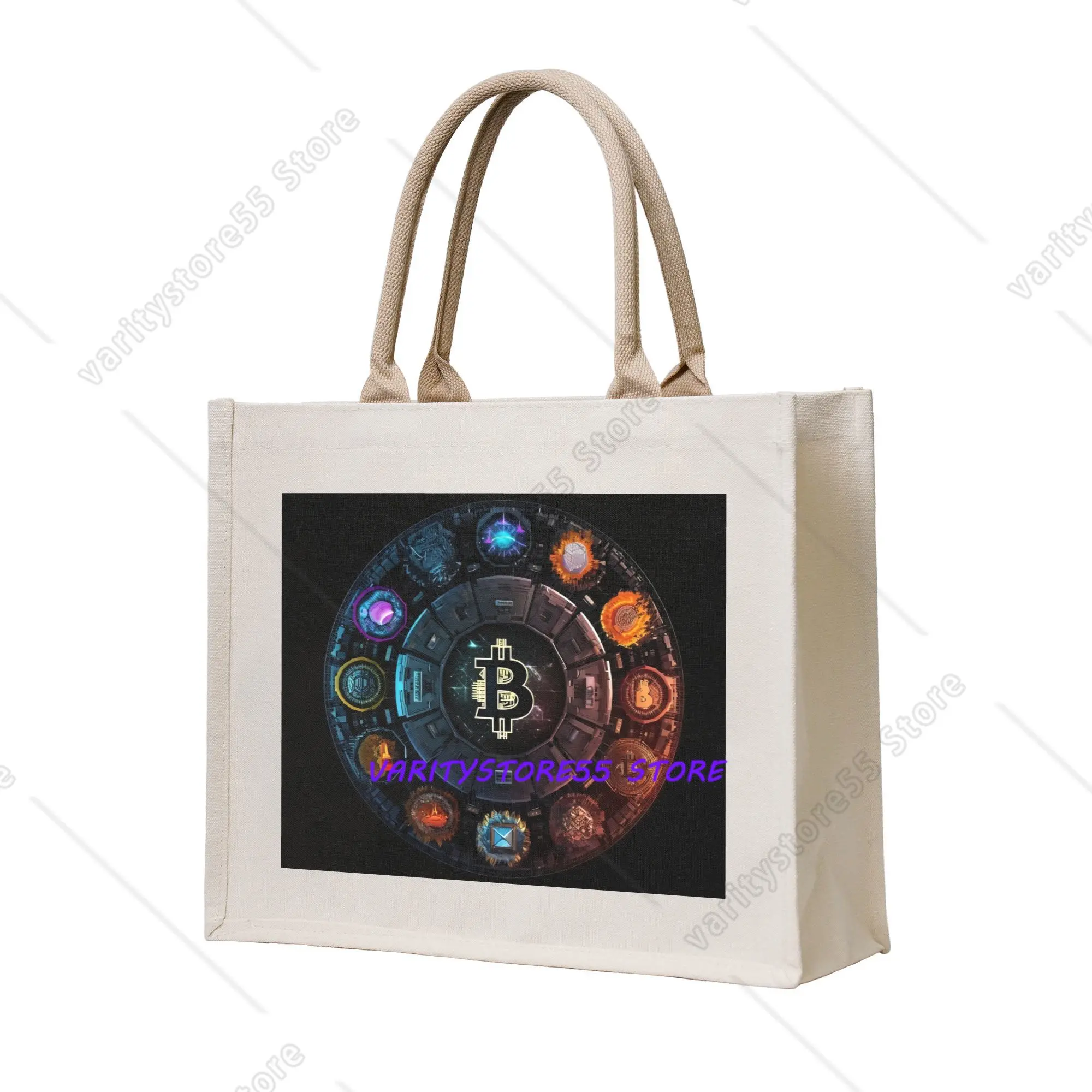 Cute Crypto Virtual Currency Bitcoin  Shopping Tote Bag Portable  Groceries Shoulder Shopper Bag
