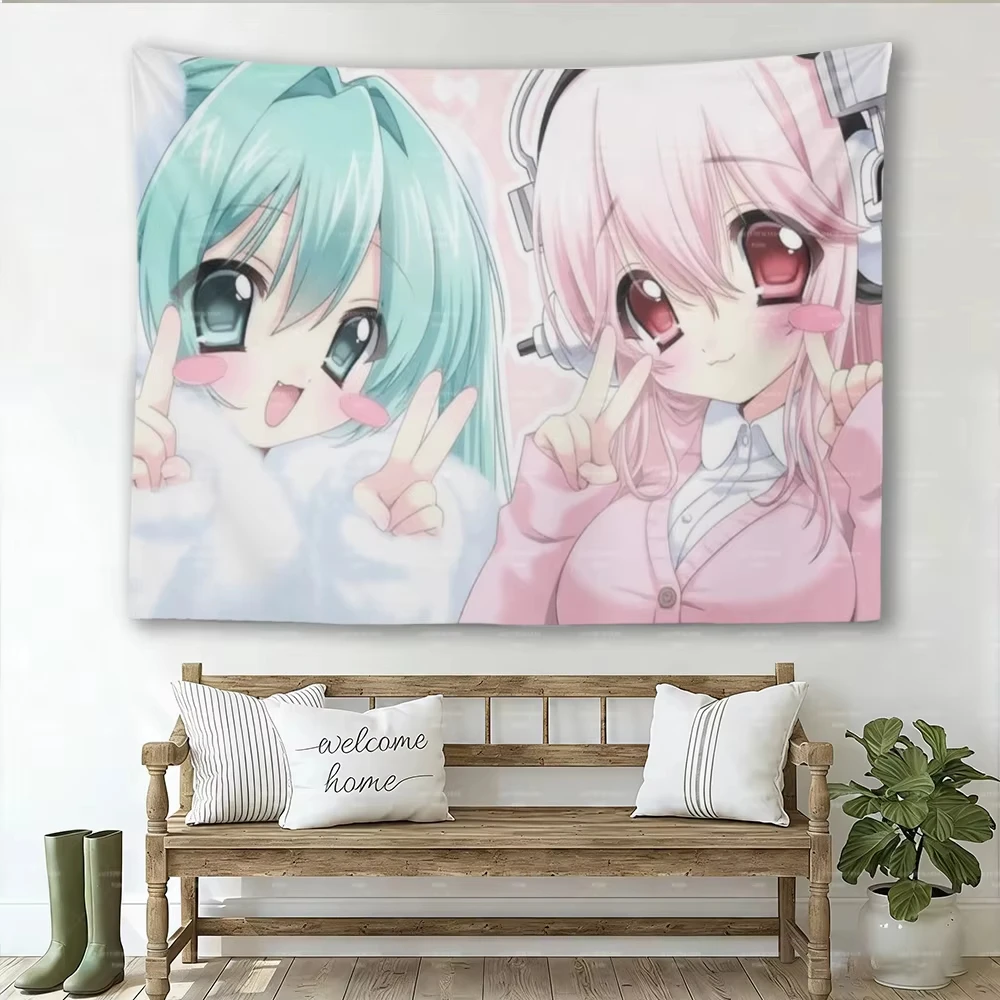 Cute Super Sonico & Green Hair Anime Tapestry Cutecore Room Decor Room Decoration Items Large Tapestry Aesthetic Room Decor