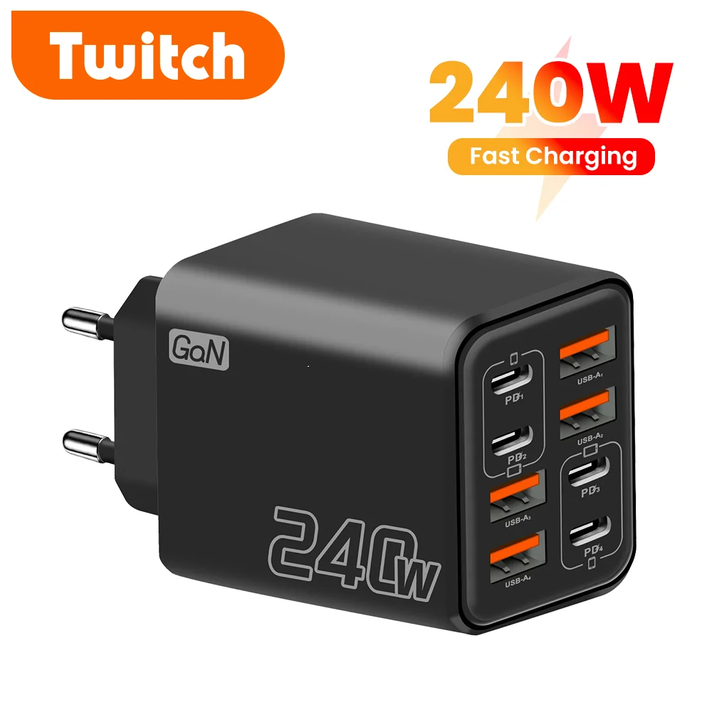 Carregador de Celular Super Rápido 240W 8 Portas (4 USB + 4 Tipo C) com QC 3.0 PD3.0, Carregador GaN EU/UK/US para iPhone 17/16, Samsung, POCO
