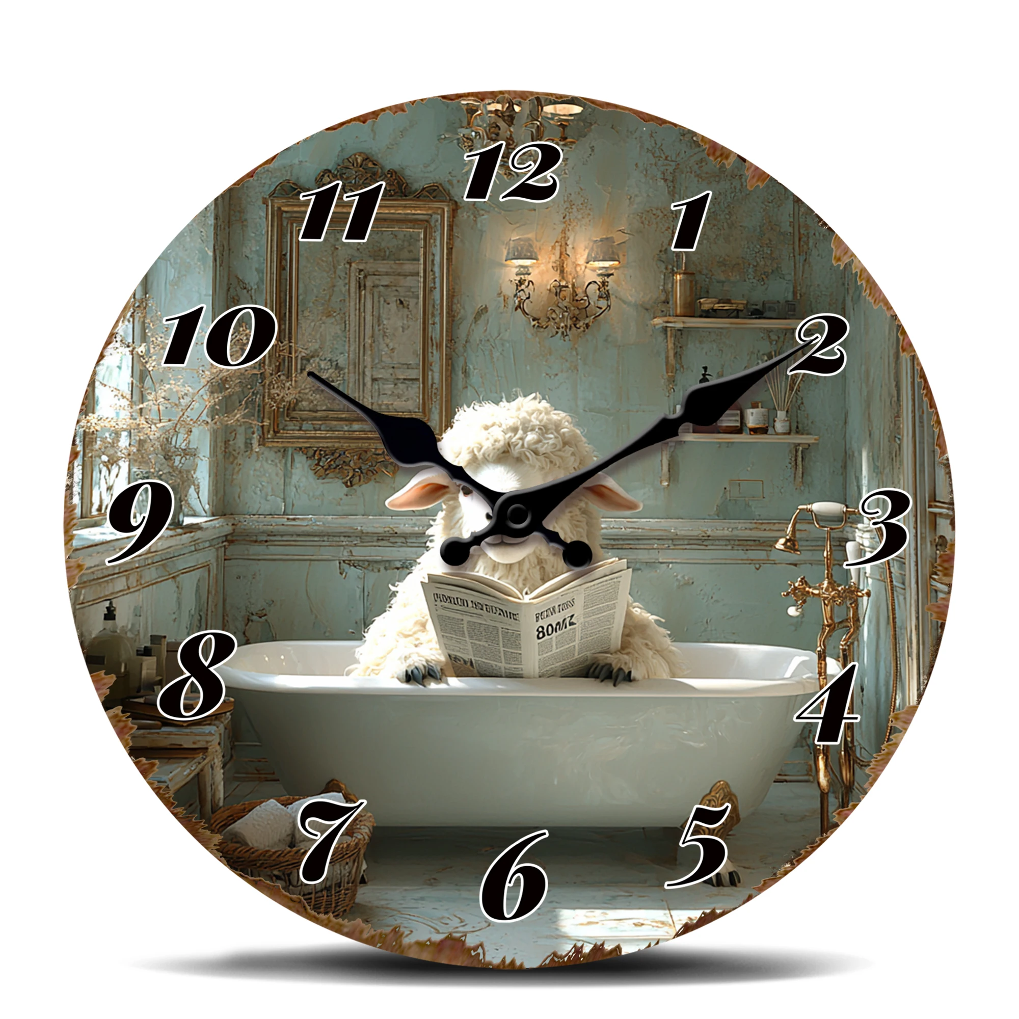 Sheep Reading Newspaper in Bathroom Vintage Wall Clock - Whimsical Decor for Bathroom, Living Room, or Bedroom - Silent