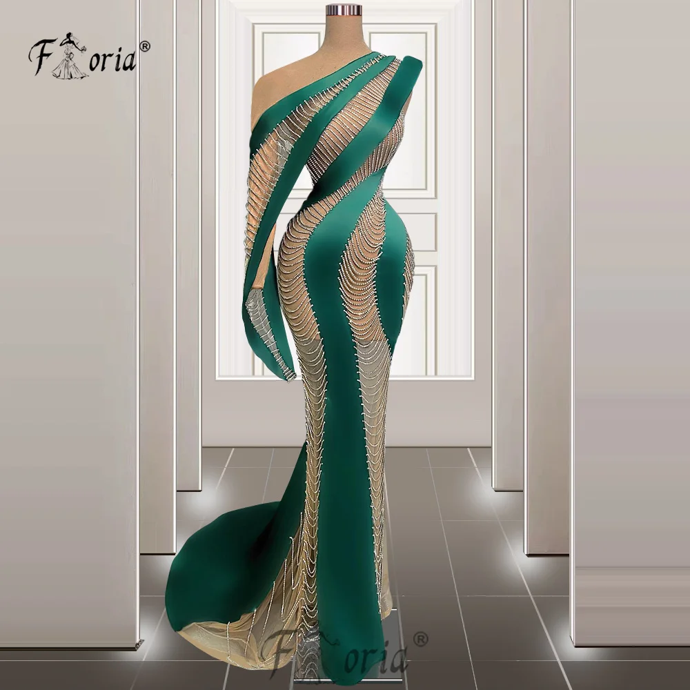 Special Occasion Green Tassels Mermaid Formal Evening Dresses Crystal See Through One Shoulder Celerbrity Party Dress Robe Soire