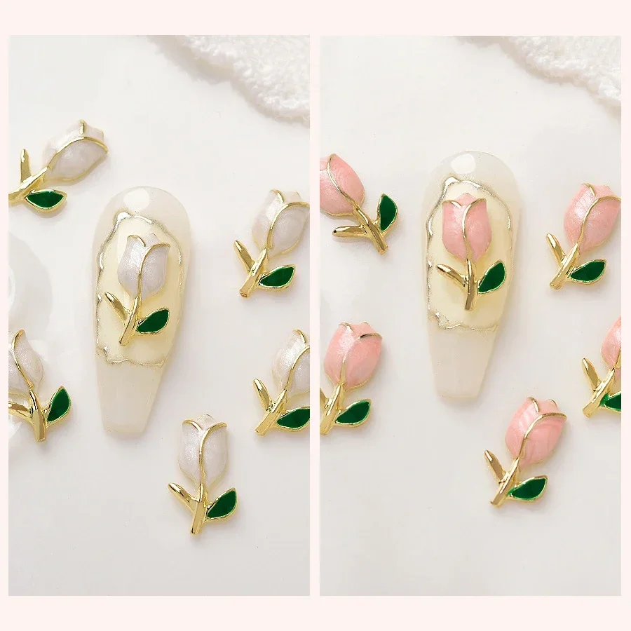 10Pcs Metal Tulip Nail Art Charms 3D French Floral Flower Jewelry for Manicure Designs Decoration