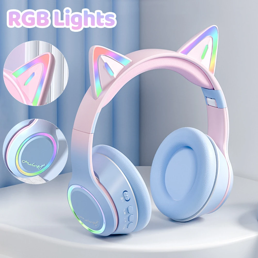 หูฟังไร้สายไล่โทนสี RGB หูแมวหูฟังบลูทูธพร้อมไมโครโฟนสเตอริโอเพลงเกมหูฟังสําหรับเด็กผู้หญิงของขวัญ