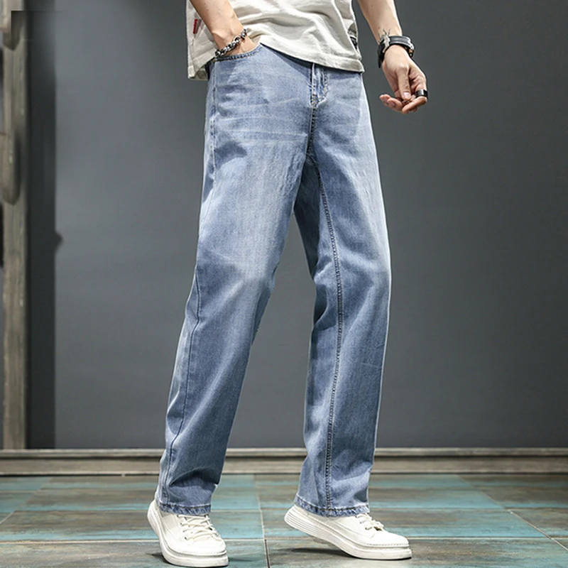 Casual Men's Cotton Jeans Youth Hip Hop Streetwear Straight Leg Denim Pants High Quality Slim Fit Stretch Button-Fly Trousers