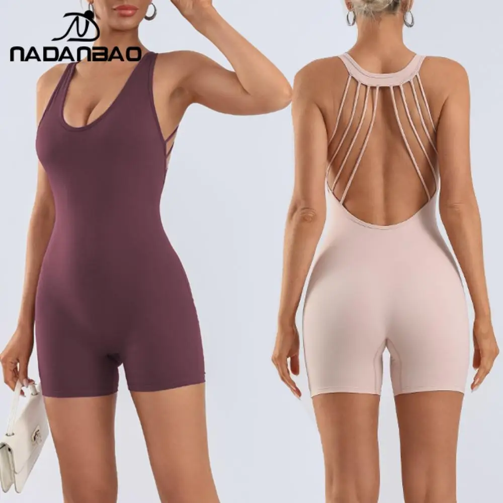 

Nadanbao Pink Purple Sexy Backless Yoga Bodysuits Women Beautiful Back Hip Jumpsuit High Elastic Quick-Drying Sports Casual Wear
