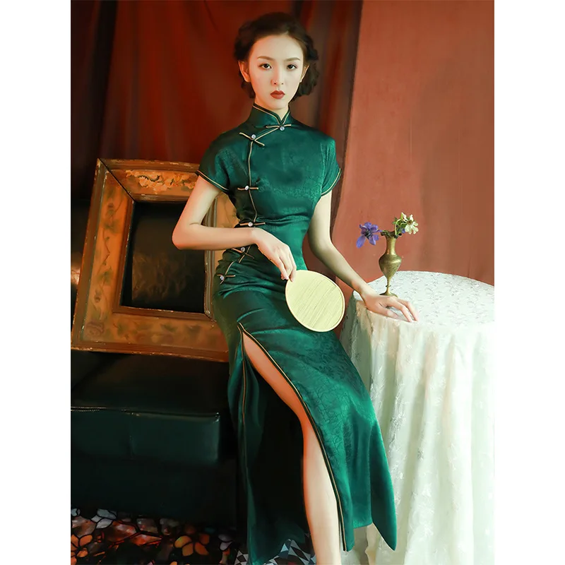 

Yourqipao Improved Cheongsam Green Slim Tall Slit Long Women's Chinese Style Old Shanghai Daily Life Traditional Evening Dress