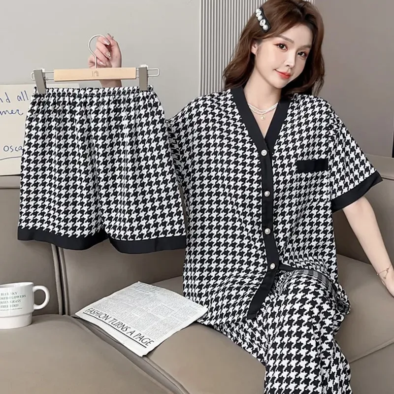 Pajamas Three-Piece Spring and Summer Loose Cardigan Cute Sweet Homewear Casual and Comfortable Thousand Birds Black Pajama Set