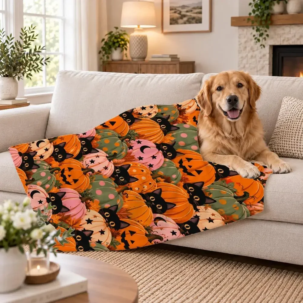Halloween Black Cat Pumpkin Castle Pattern Throw Soft Plush Flannel Pet Blanket, Home Decor Cover for Sofa, Bed, Trip & Picnic