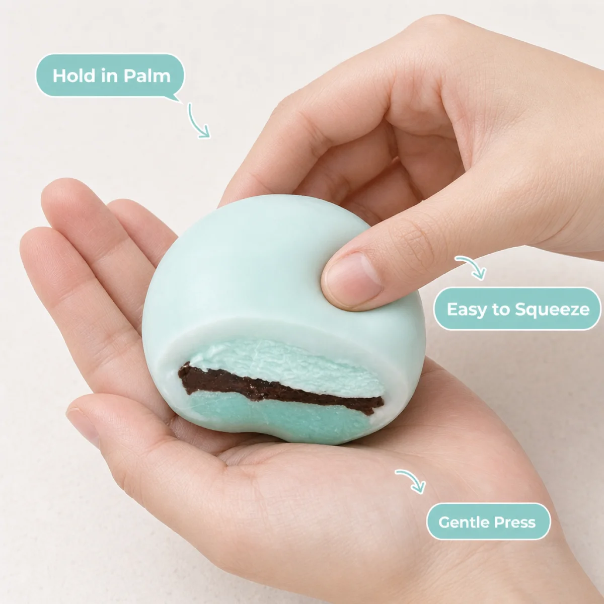Food Safe Half Cut Snow Mochi Squishy Toy Mint Color Outer Layer With Double Layer Inner Stuffing Slow Rising Soft Hand Squeeze