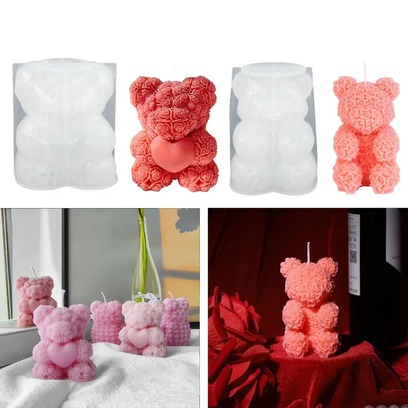 Heart Hugging Rose Bear Candle Mirror Silicone Mold DIY Hand Holding Bear Ornaments Resin Epoxy Mold Home Decoration Storage