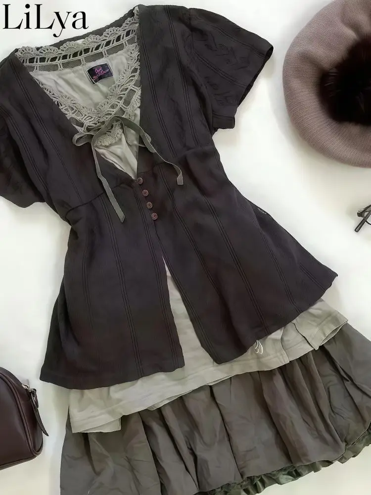 Dark Sweet Vintage Lolita 3 Piece Set Women Puff Short Sleeve Lace Trim Ribbon High Waist Ruffle Tiered Skirt Daily Kawaii Set view 5