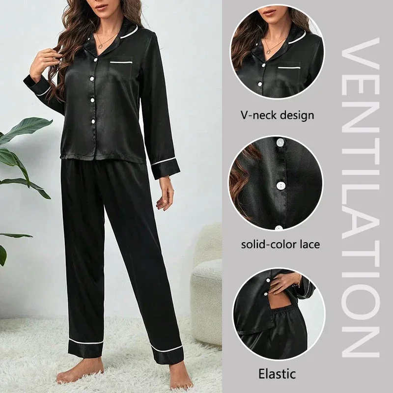 Plus Size Fall and Winter Silk Pajamas Women Tops and Pants Solid Casual Simple Nightwear Buttons Cardigan Sleepwear Homewear