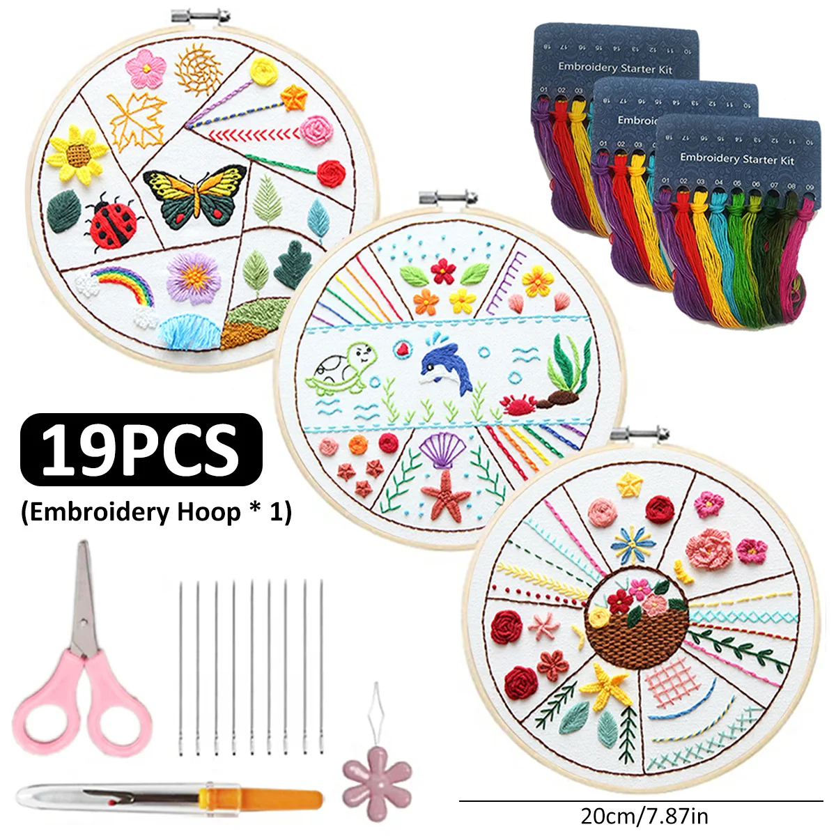 DIY Pattern Embroidery Set Needlework Tool Printed Embroidery Round Cross Stitch Kit Sewing Craft Kit With Hoop Colorful Needles