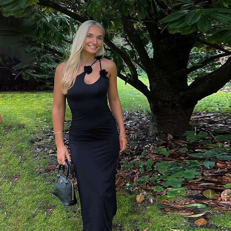 Women's 2025 Spring Summer, New European-Style, Floral Decorated Off Shoulder Cutout Halter Dress