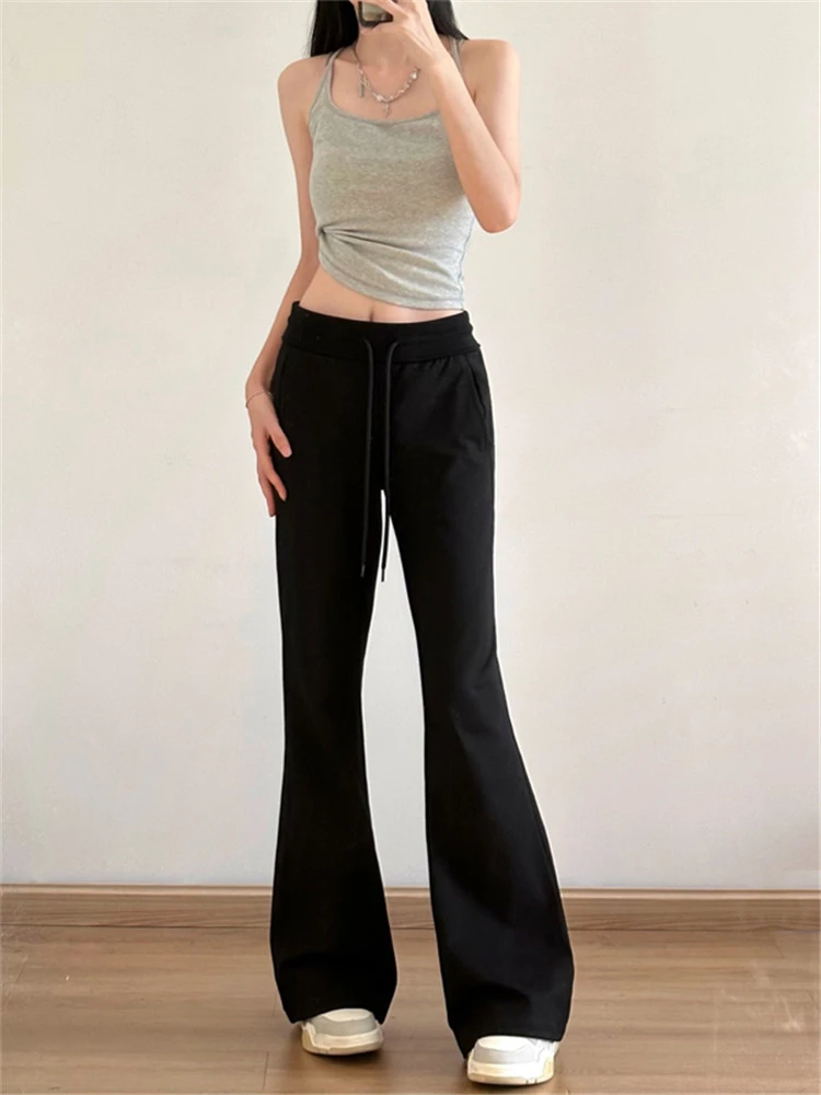 2023 Autumn Winter Sweatpants Women Low-waisted Grey Black Drawstring Flare Pants Streetwear Vintage Trousers