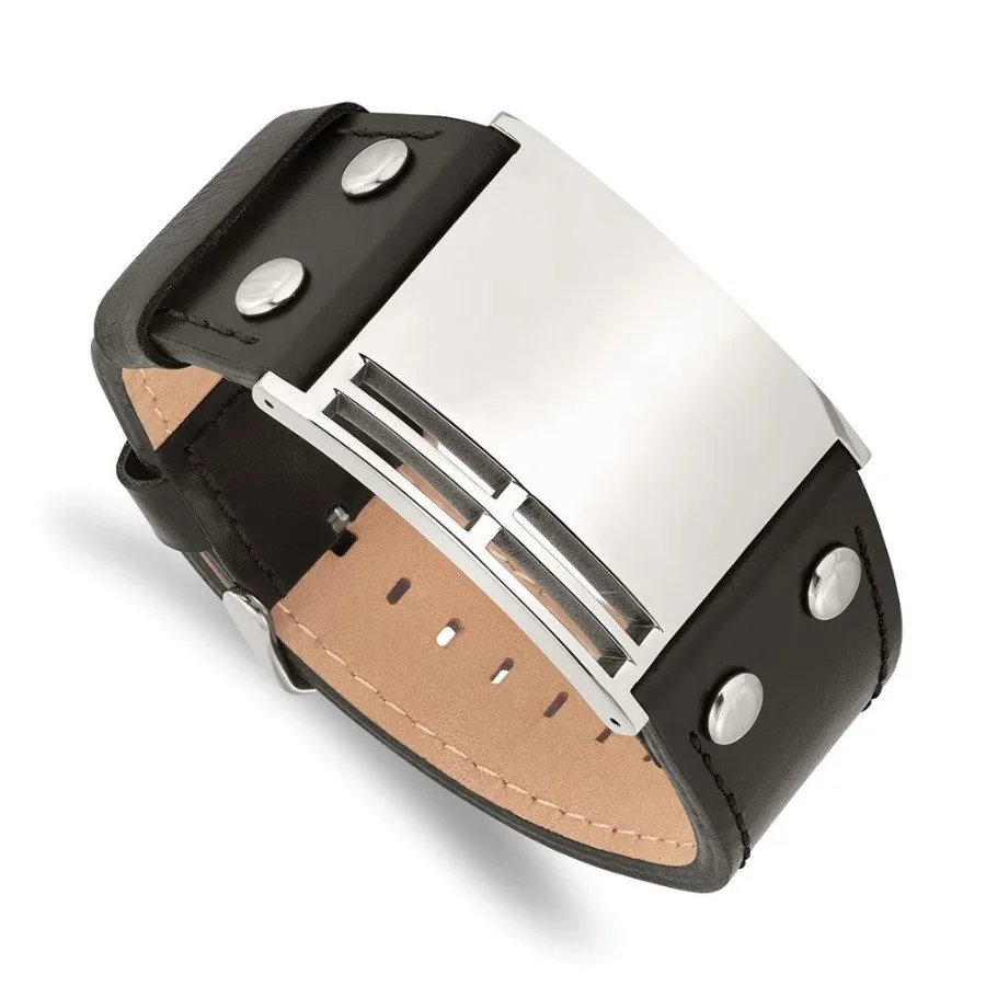 

Stainless Steel Polished Black Leather Adjustable Buckle 9.25in Bracelet