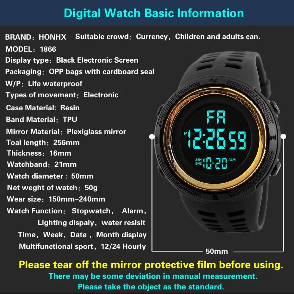 Men\'s Outdoor Sports Watch LED Screen Large Digital Face Waterproof Wristwatch Multi-Functional Electronic Watch