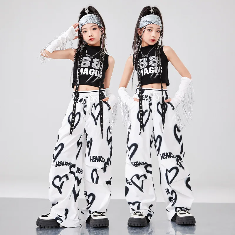 Hip Hop Kids K-pop Crop Top Street Dance Love Cargo Pants Girls Streetwear Joggers Child Sweet Jazz Costumes Stage Clothes Sets