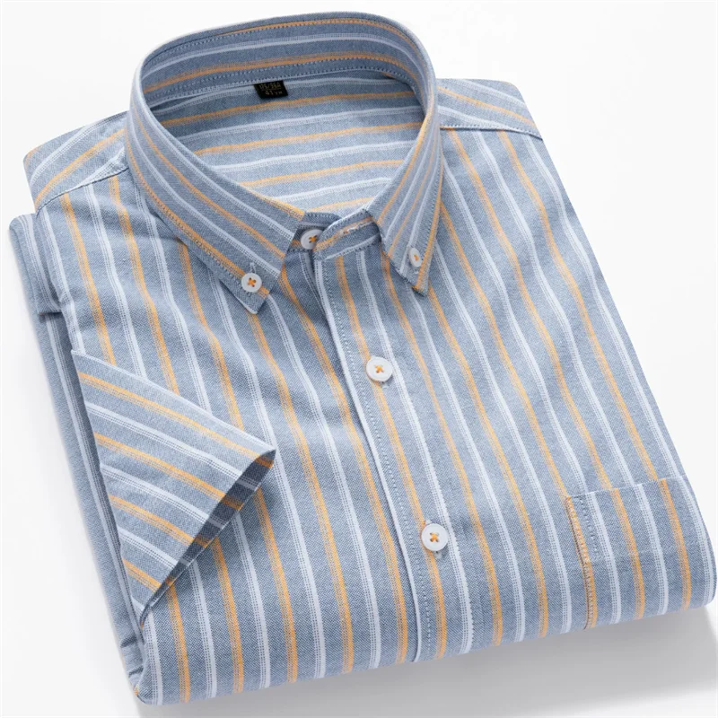 

New Summer Men Stripe Shirts Short Sleeve 100% Cotton Oxford Casual Korean Style Business Formal Regular Fit Man Clothing 5XL