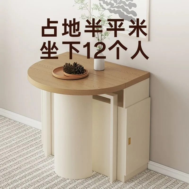 Cream-style small apartment extendable dining table, folding half-round dining table, dining table and chair combination